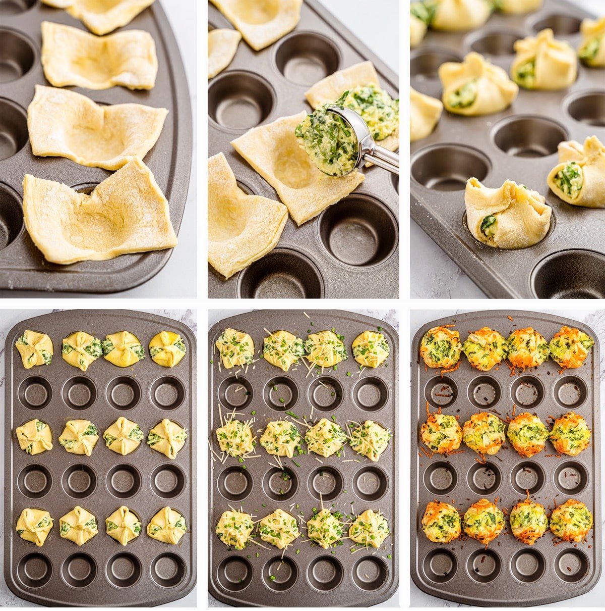 collage of images showing how to form and bake spinach puffs
