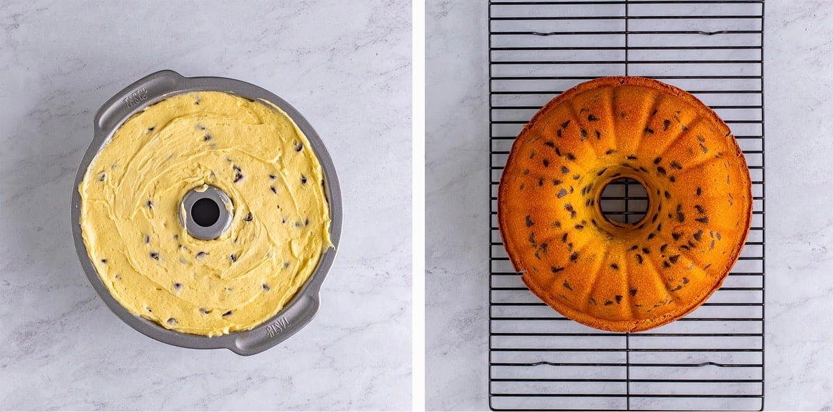 collage of images showing how to bake chocolate chip pound cake