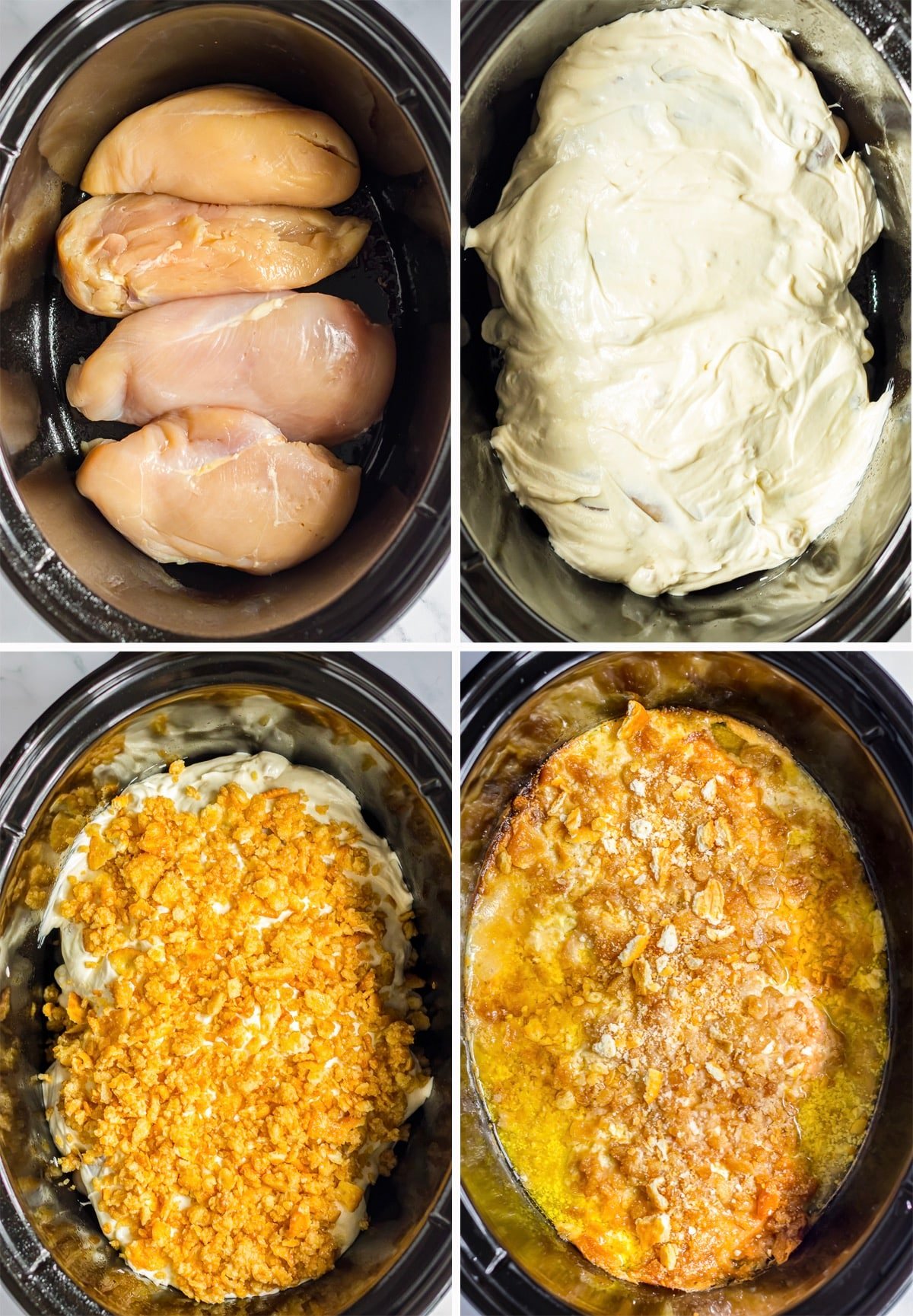 collage of images showing how to cook ritz crackers chicken in the slow cooker