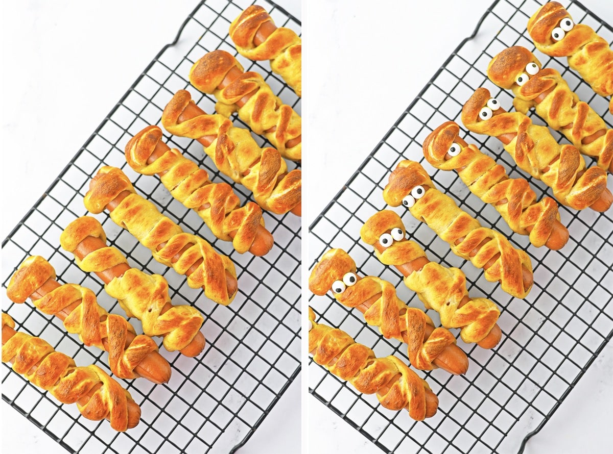 collage of images showing how to add the eyeballs to mummy pretzel dogs