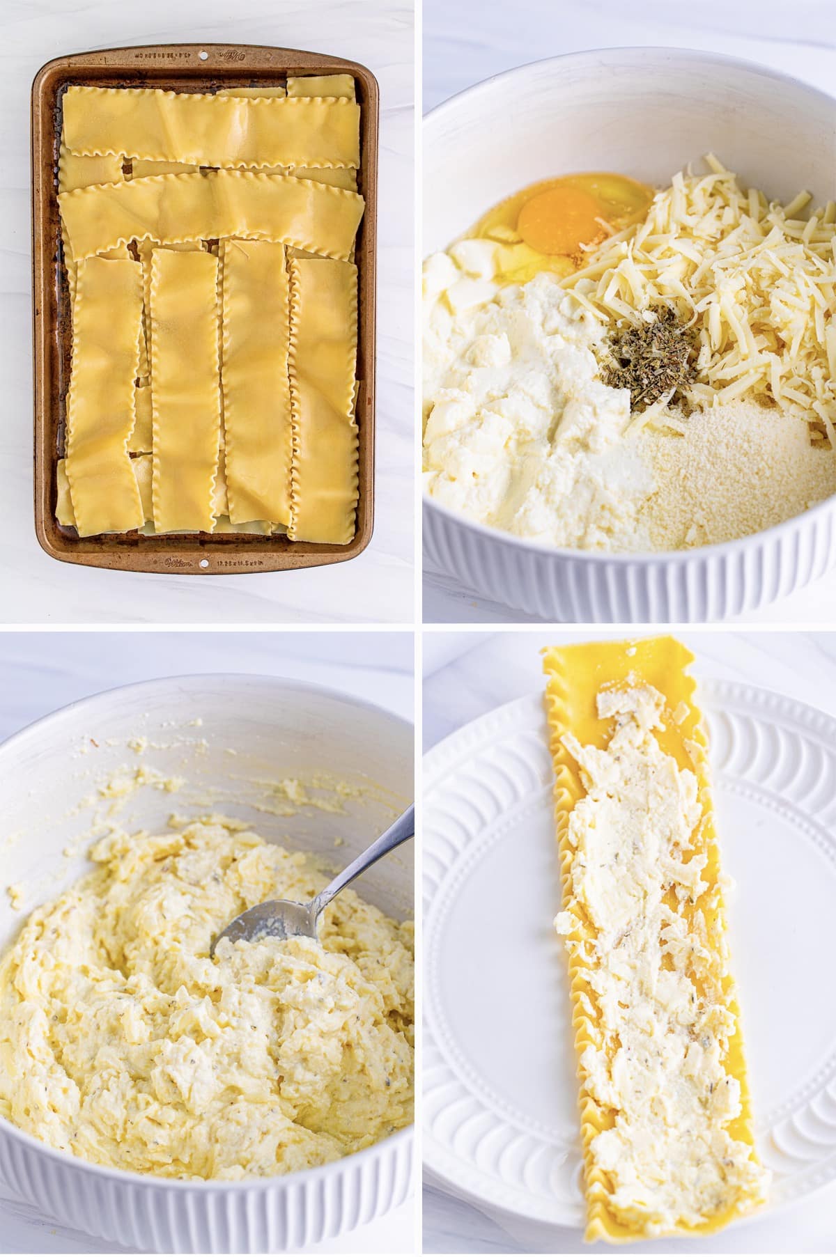 collage of images showing how to make the filling and fill lasagna roll-ups
