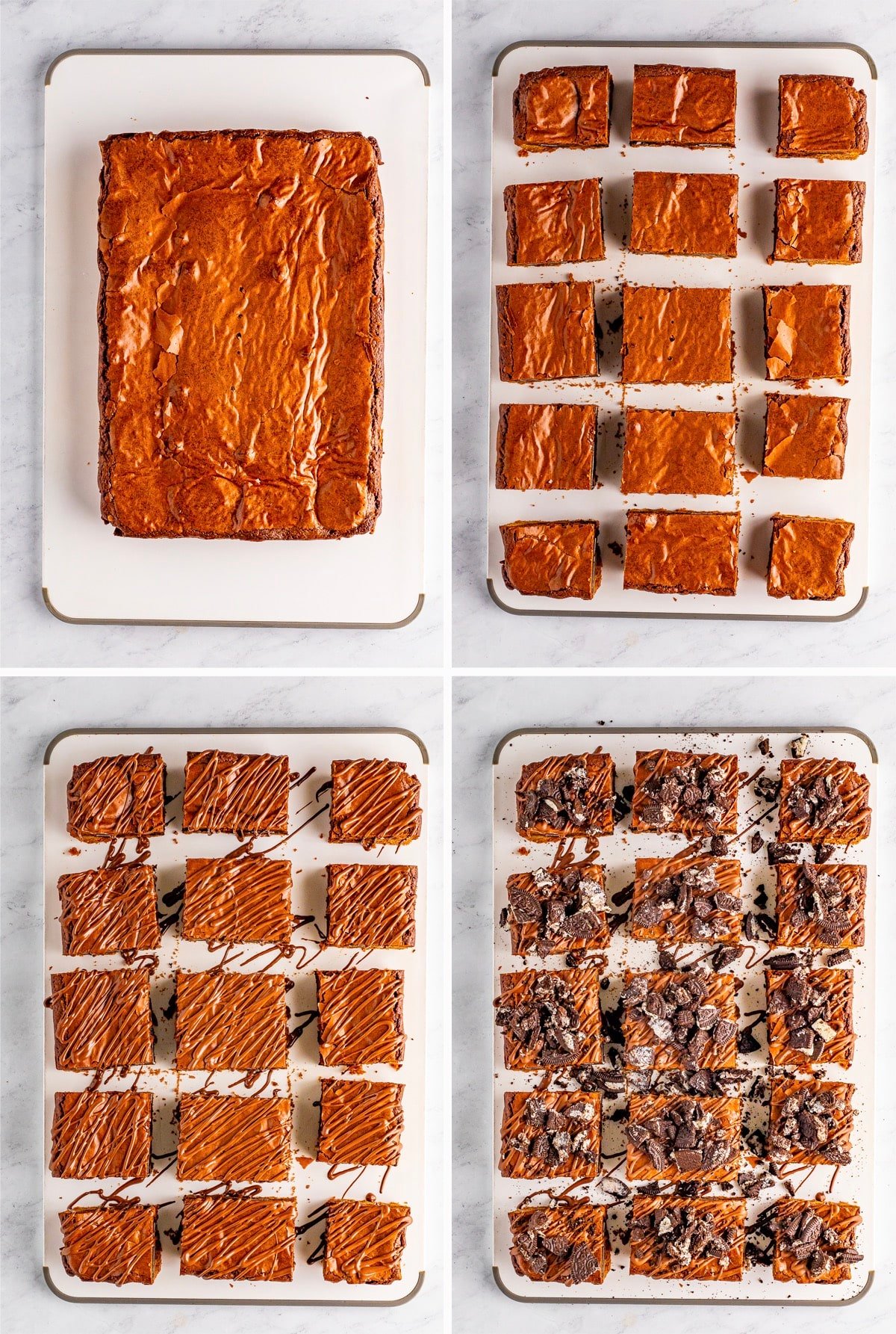 collage of images showing how to add the topping for oreo bars