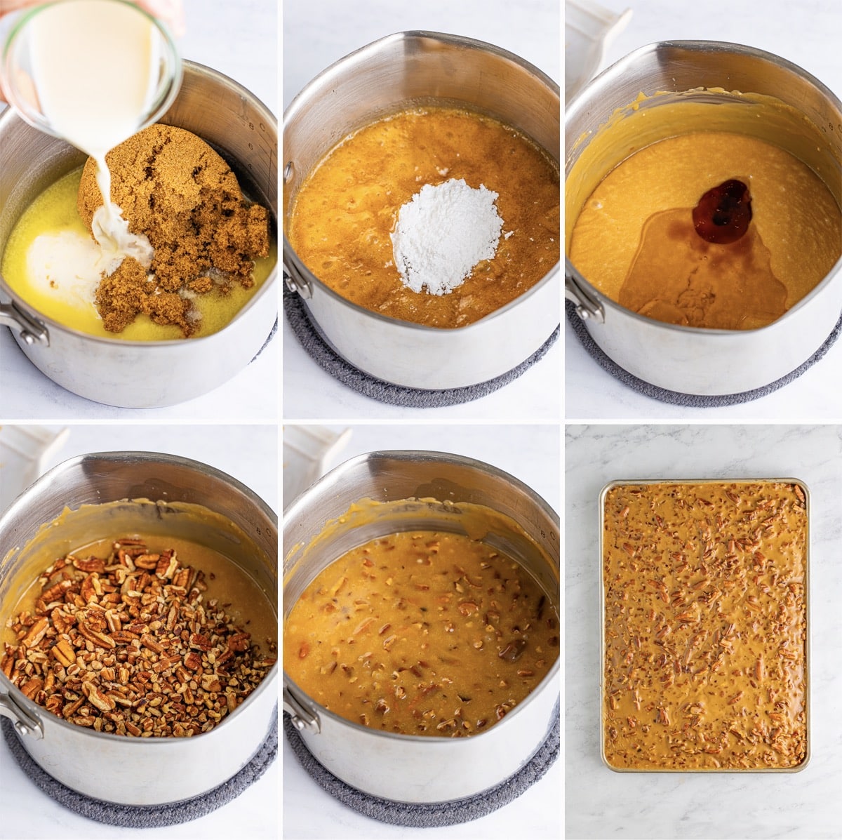 collage of images showing how to make the frosting for pumpkin sheet cake