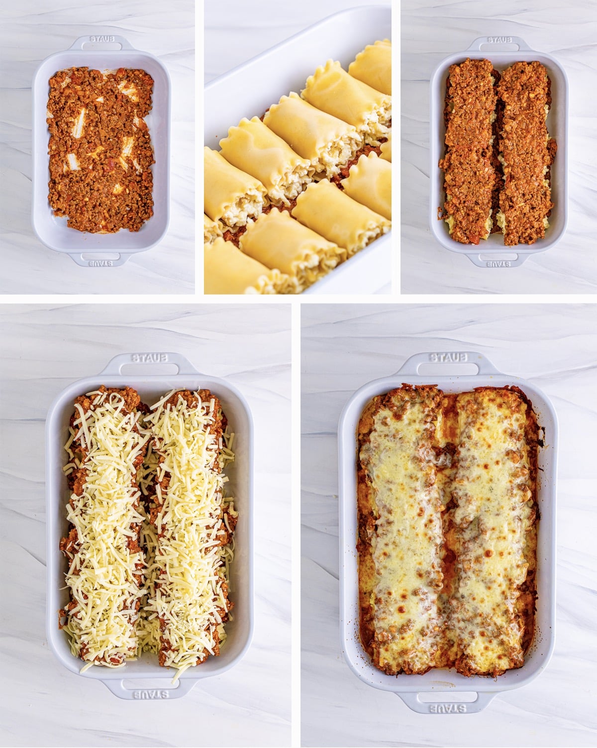 collage of images showing how to bake lasagna roll-ups
