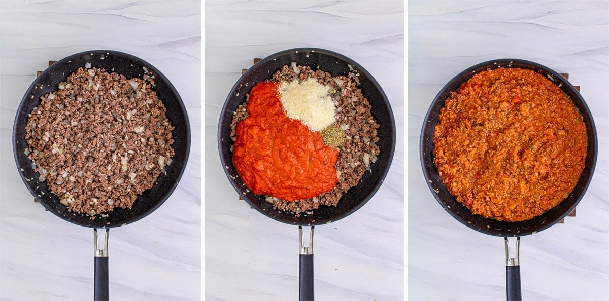 collage of images showing how to make the sauce for lasagna roll-ups