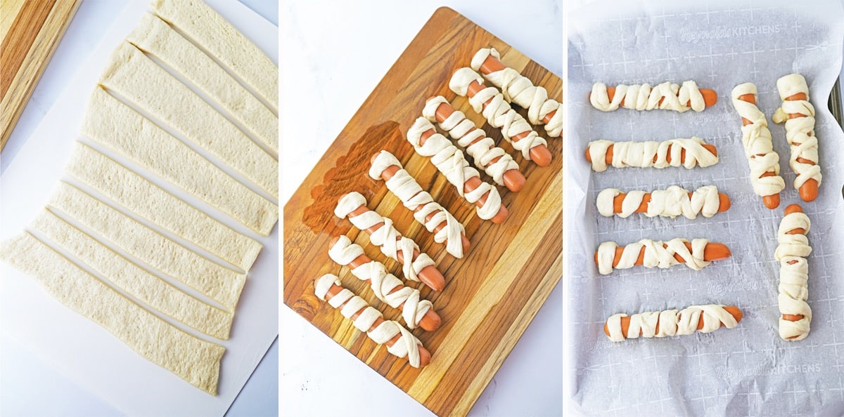 collage of images showing how to make pretzel dogs