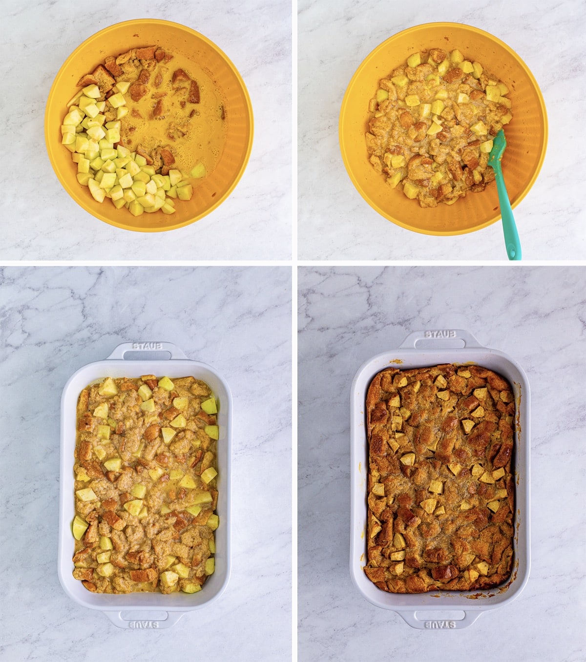 collage of images showing how to mix and bake apple bread pudding