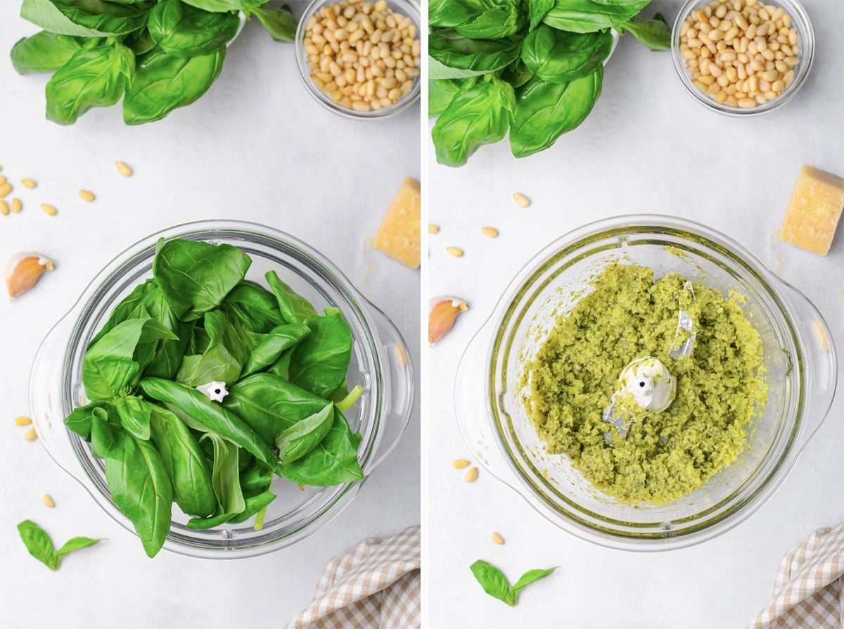 collage of images showing how to make the pesto filling for best challah recipe