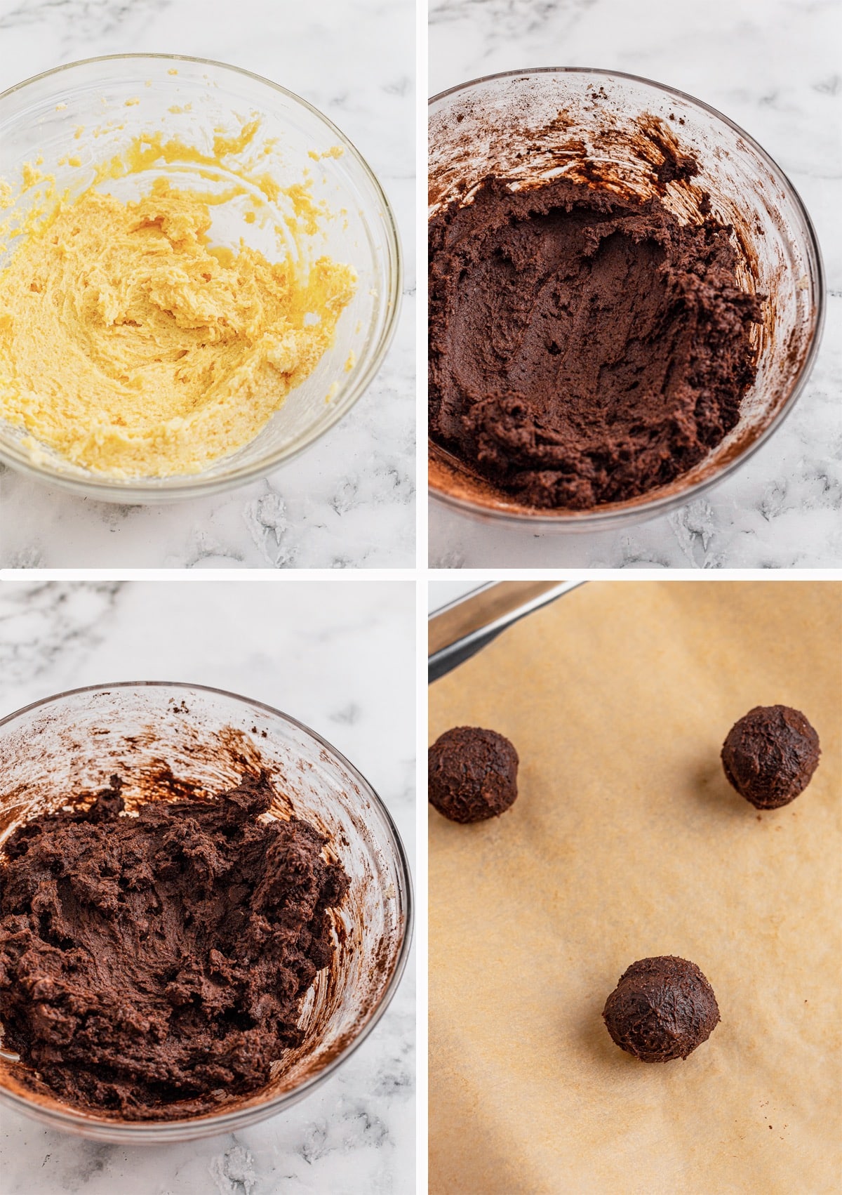 collage of images showing how to make chewy double chocolate chip cookies