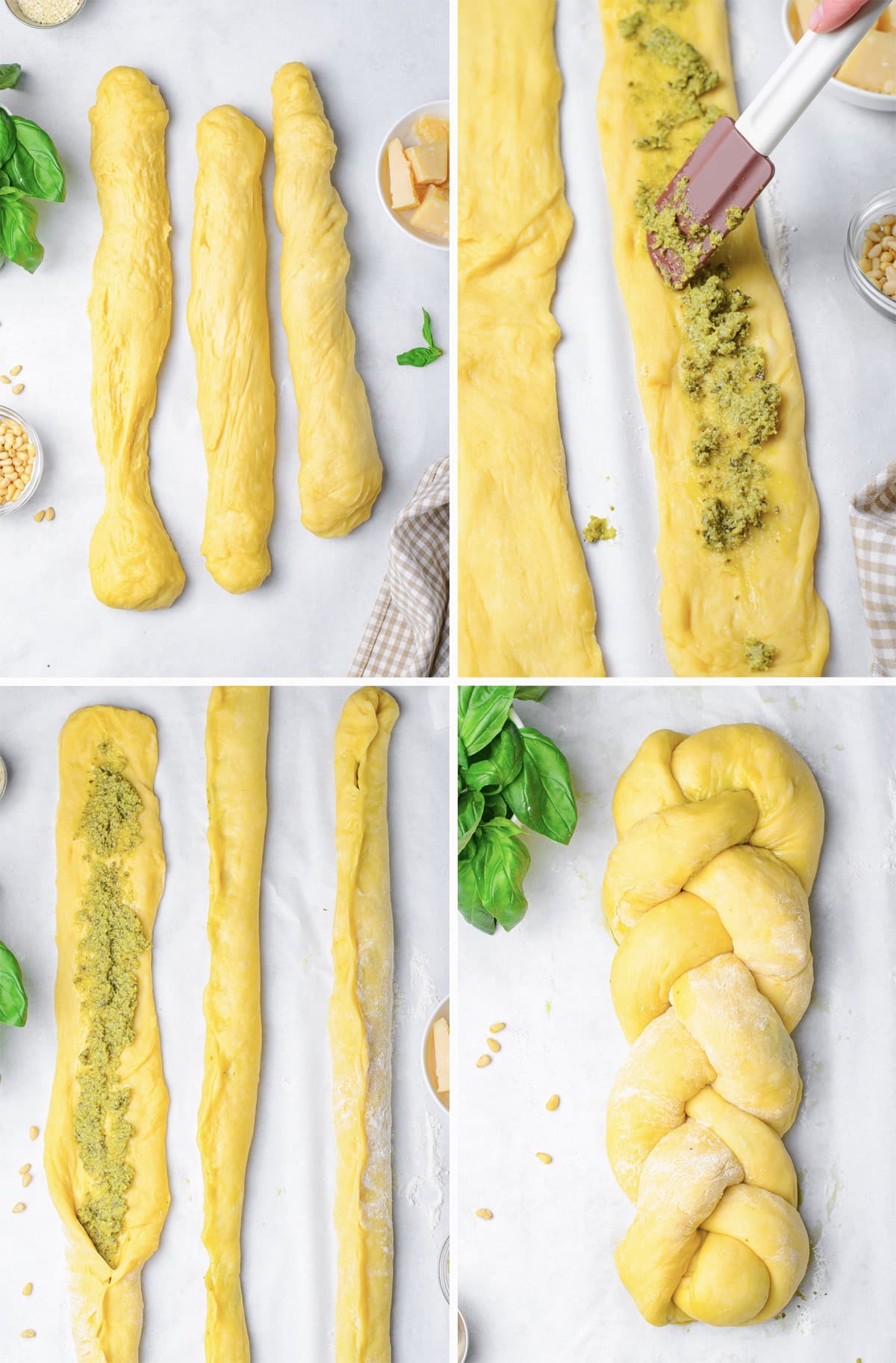 collage of images showing how to fill and braid best challah recipe