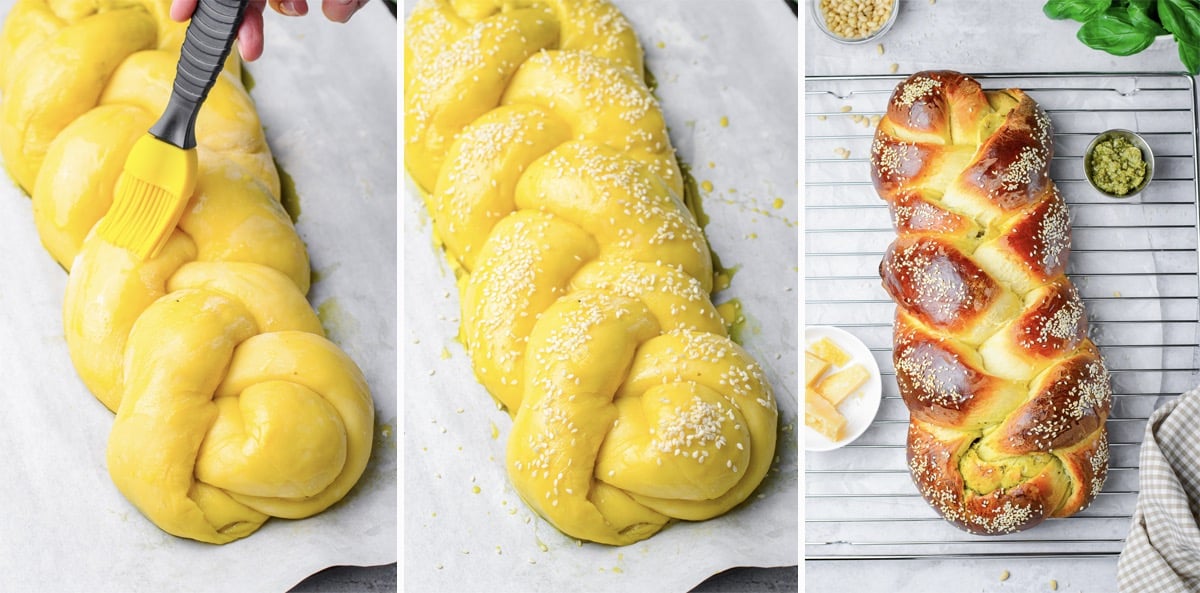 collage of images showing the finals steps for preparing and baking best challah recipe