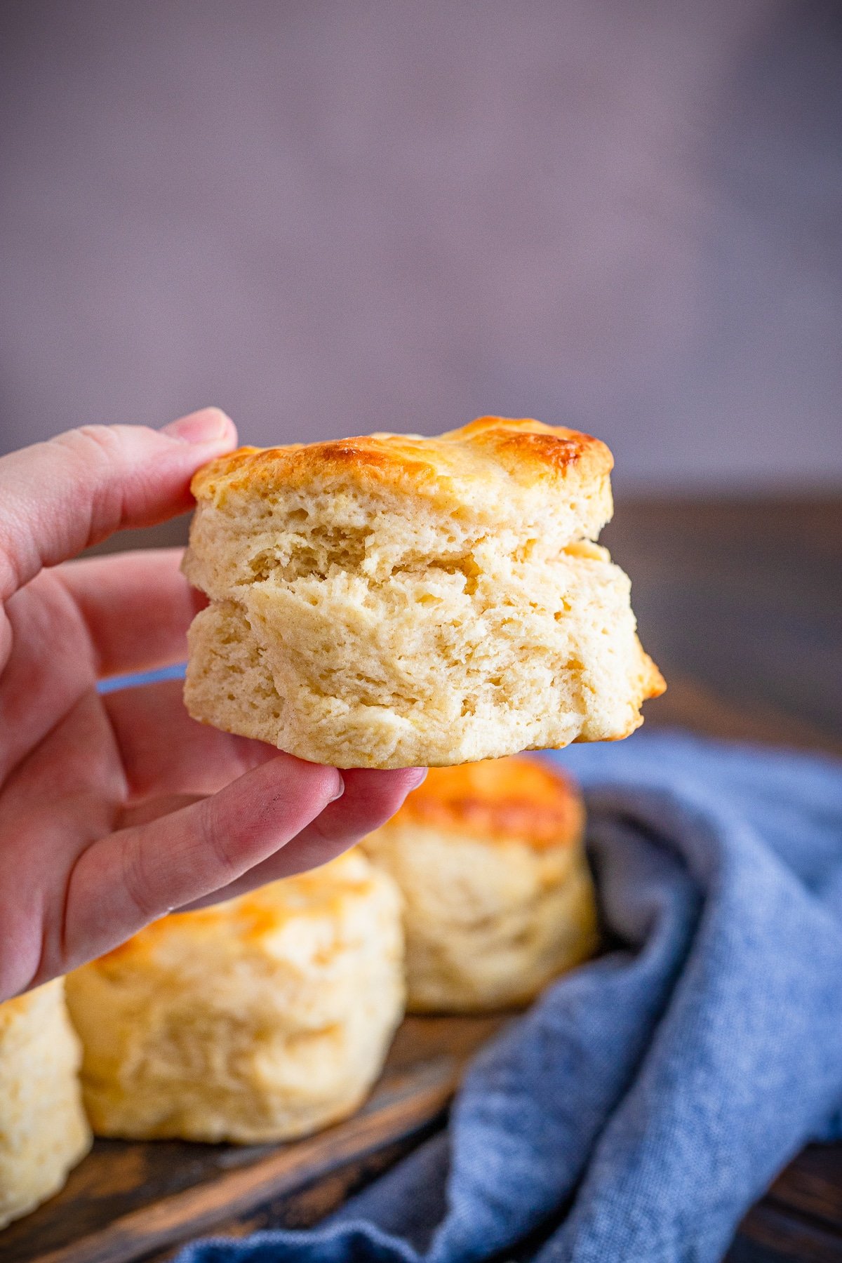 a hand holding southern buttermilk biscuit in air