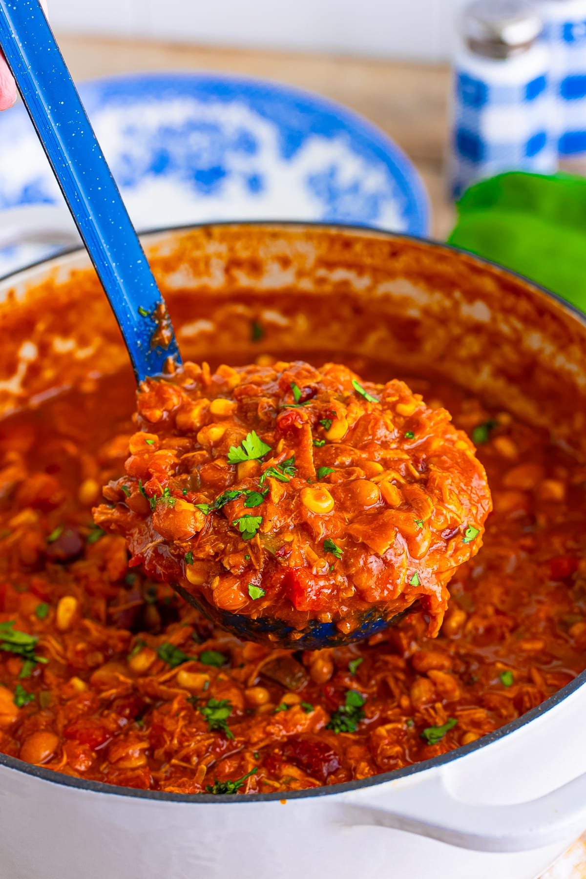 a ladle scooping out turkey chili recipe
