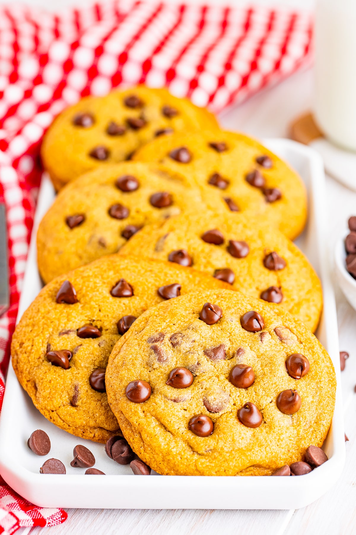 mrs fields chocolate chip cookies on a white serving platter