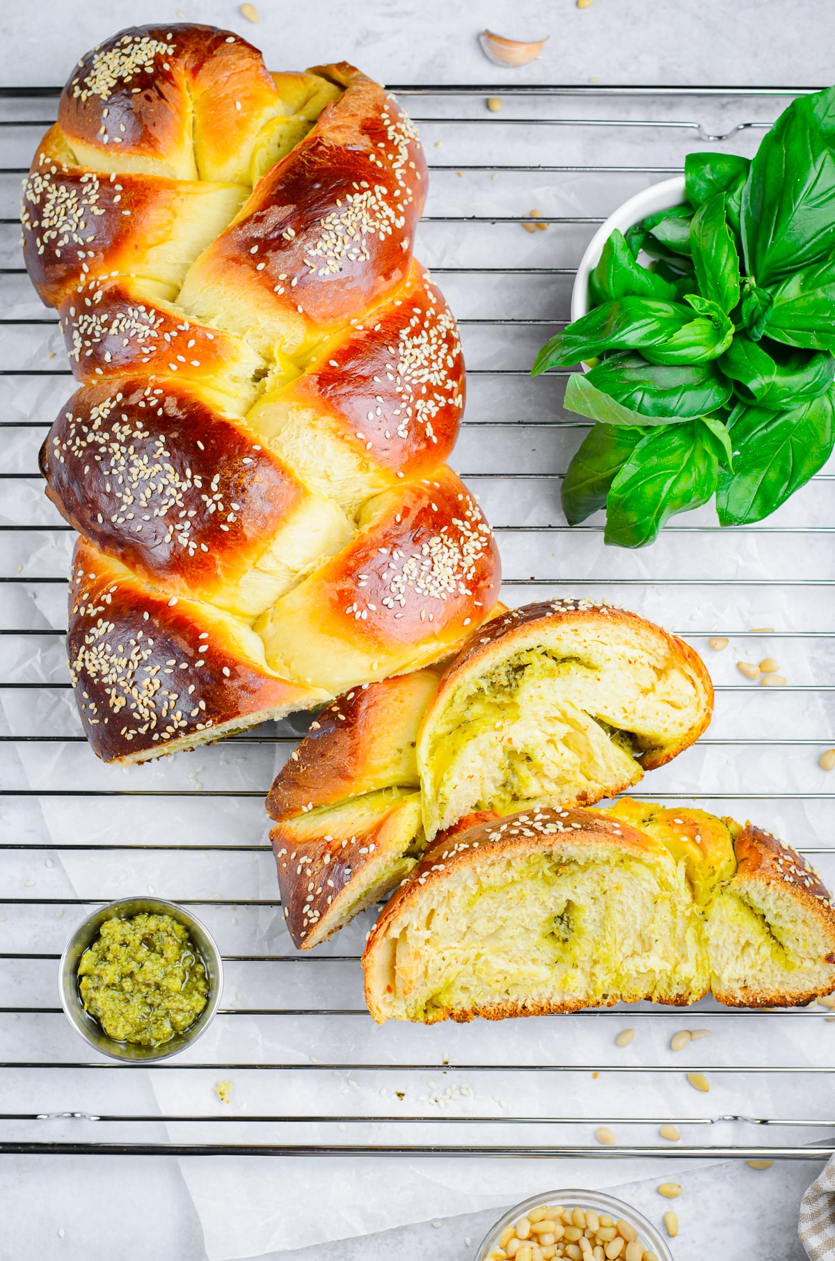 overhead image of sliced best challah recipe on wire rack