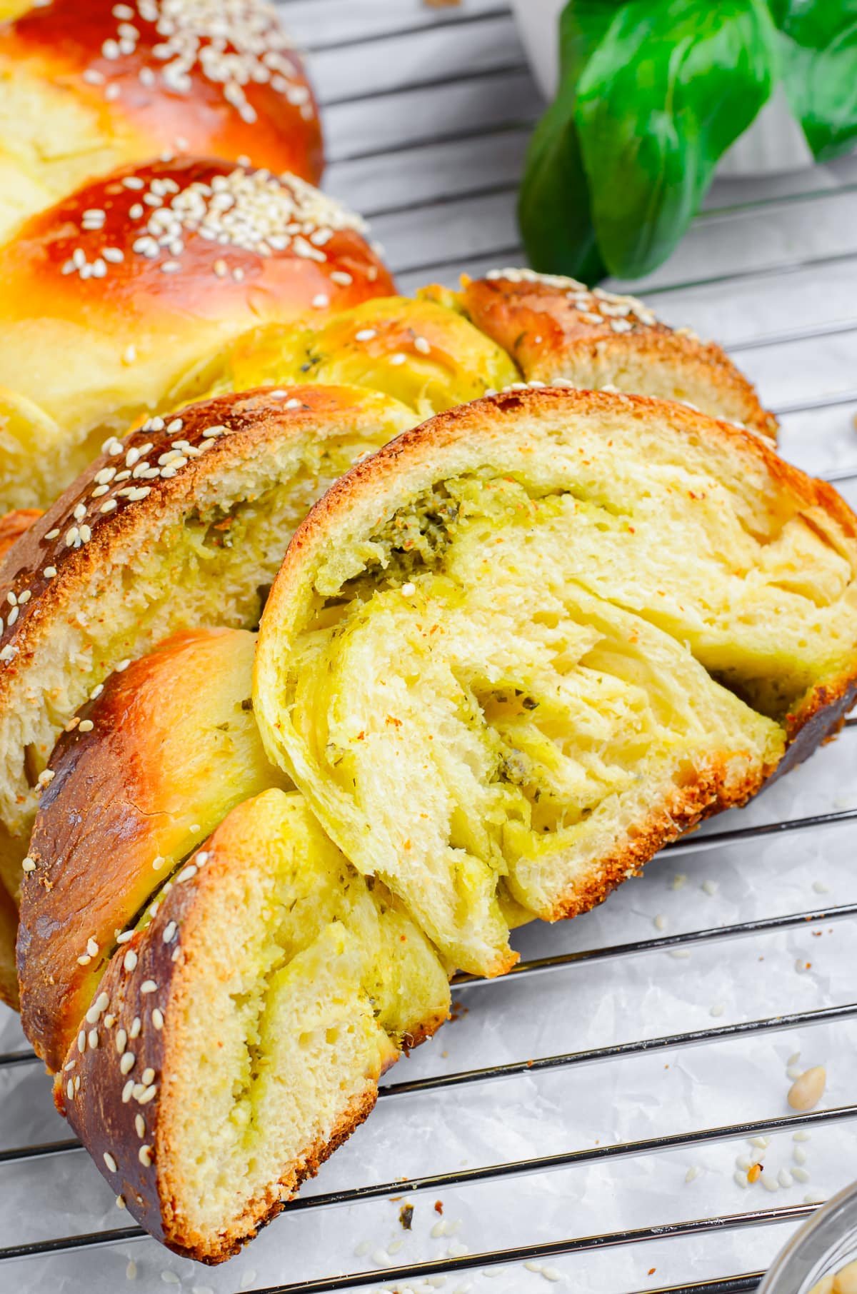 Upclose image of a slice of best challah recipe so you can see the filling