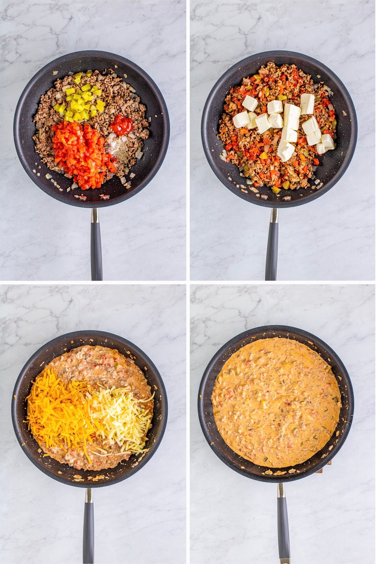 collage of images showing how to make cheeseburger dip