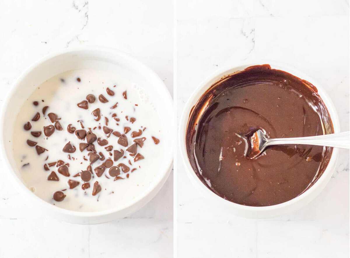 collage of images showing how to make ganache for brownie cake