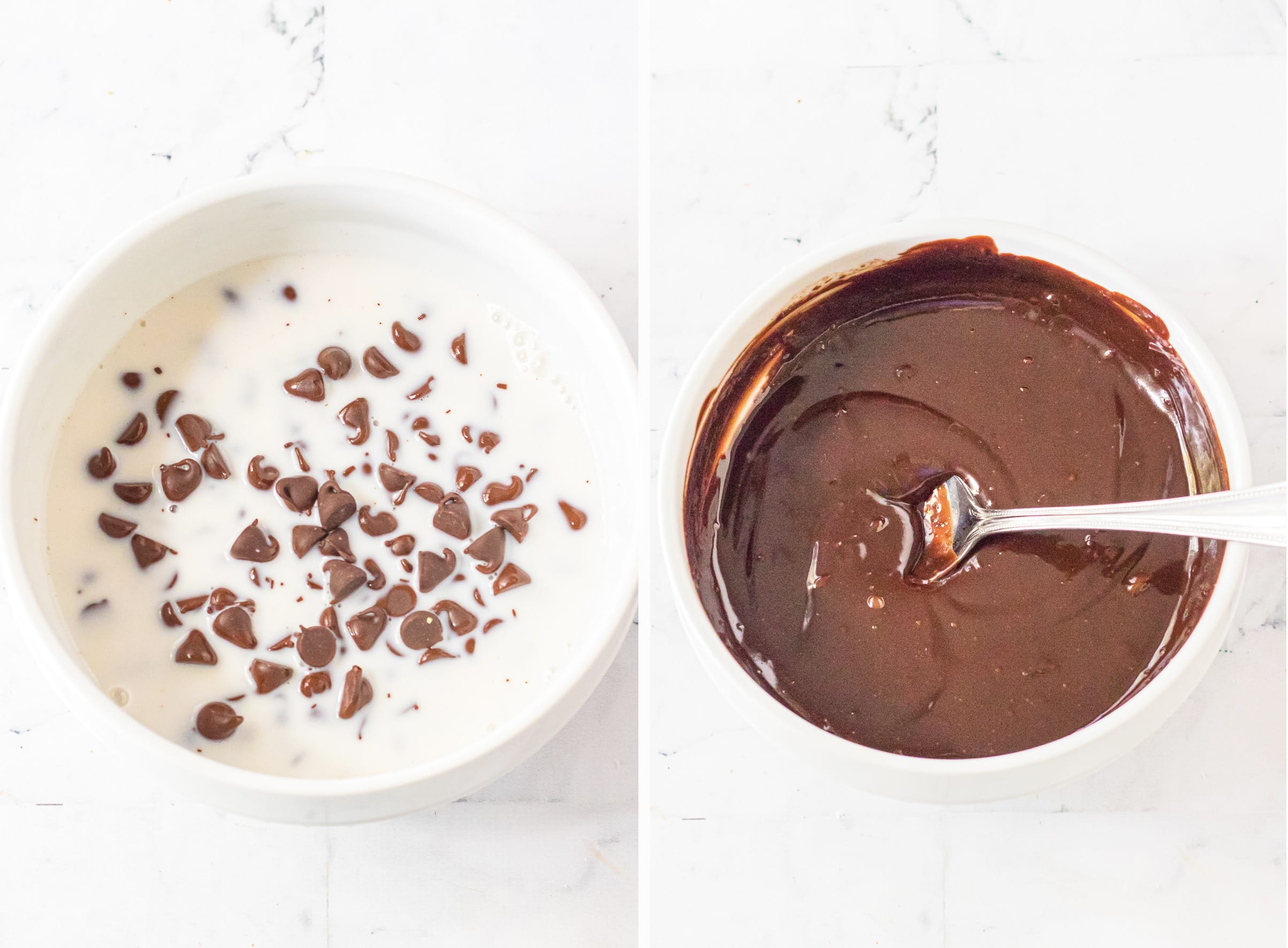 collage of images showing how to make ganache for brownie cake