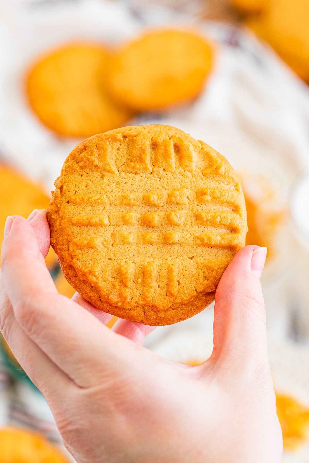 a hand holding crispy peanut butter cookies in air