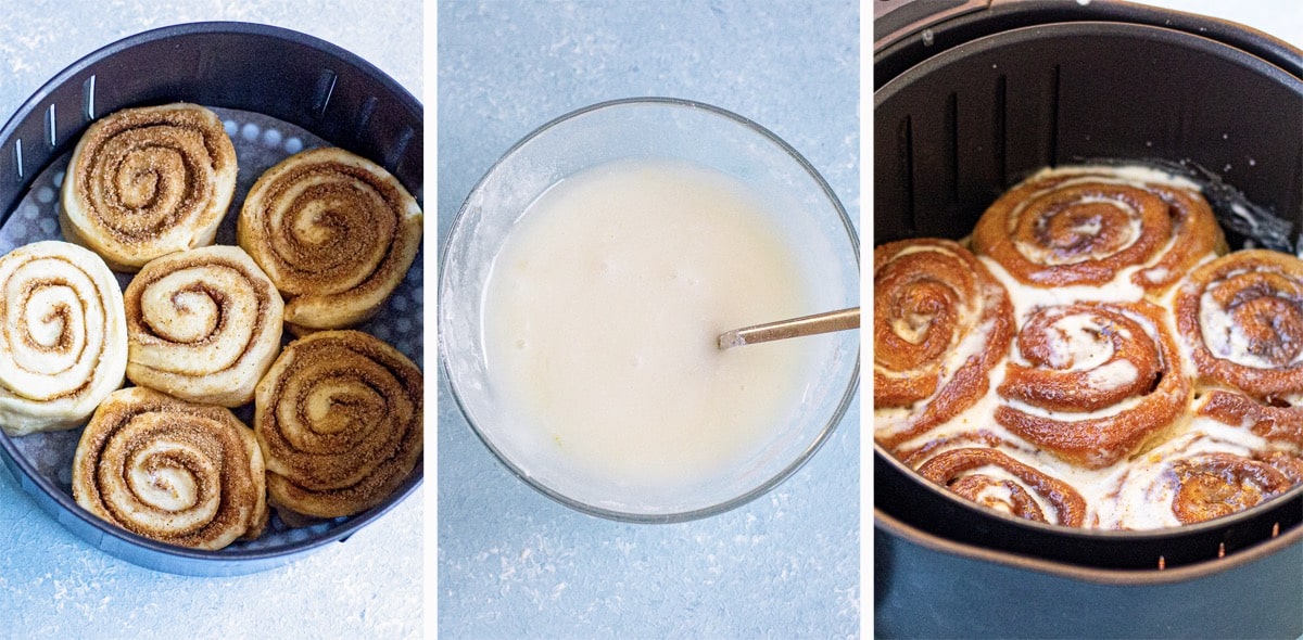 cooking and glazing air fryer cinnamon rolls