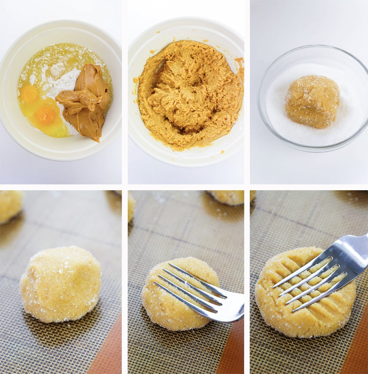 collage of images showing how to make peanut butter cake mix cookies