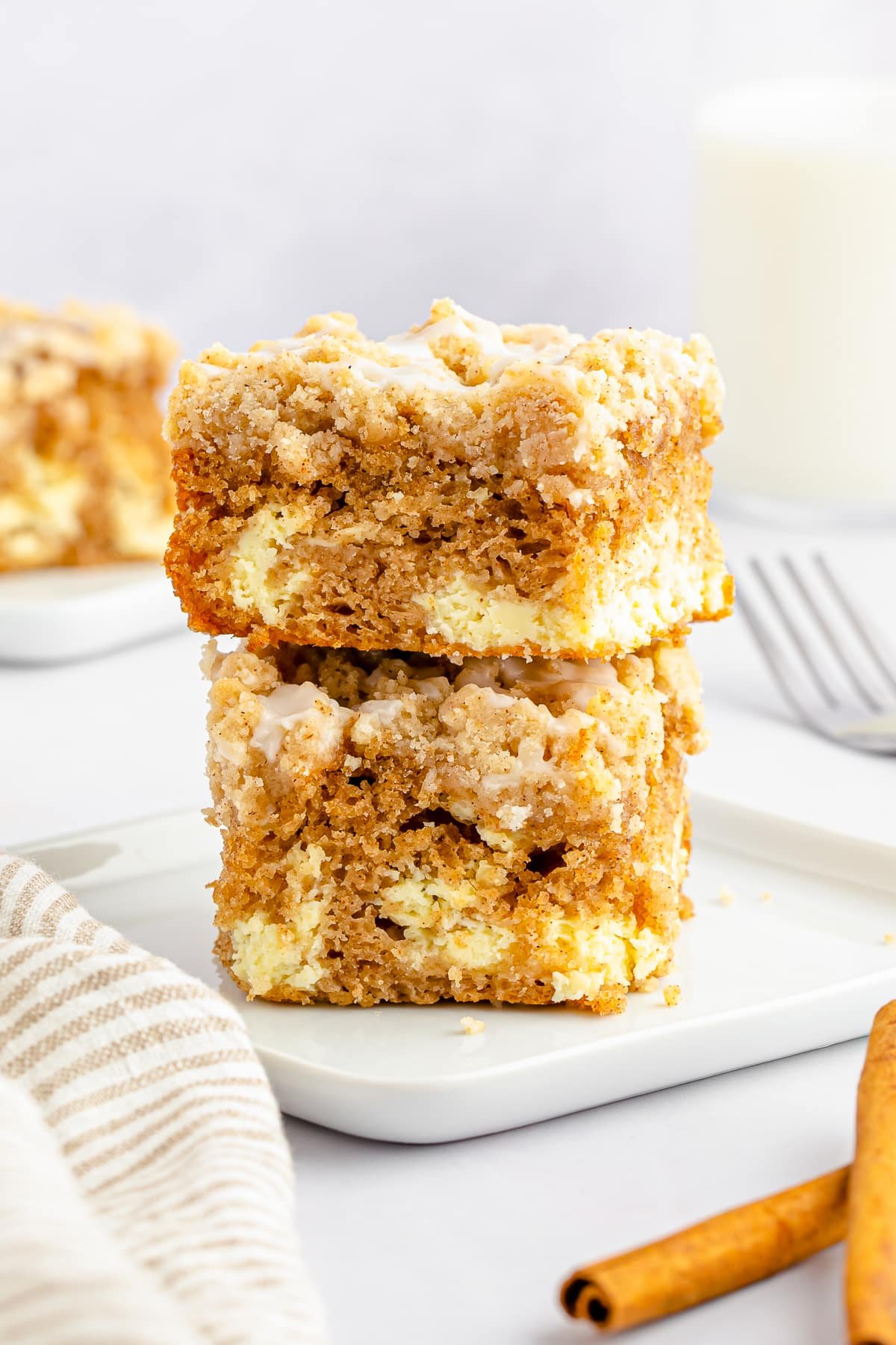 two pieces of crumb cake stacked