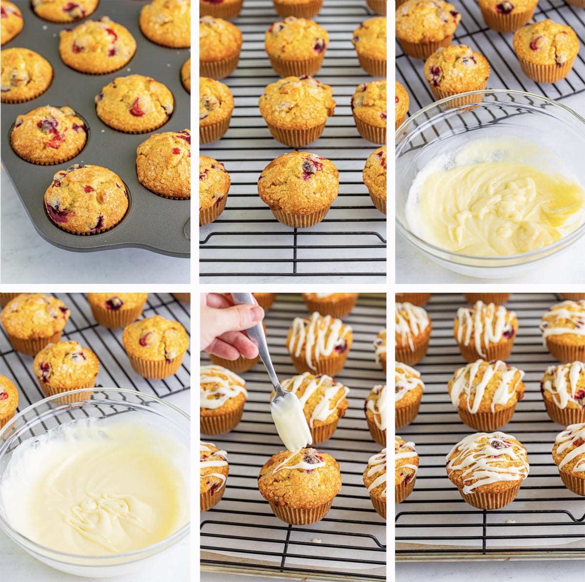 baking and glazing orange cranberry muffins
