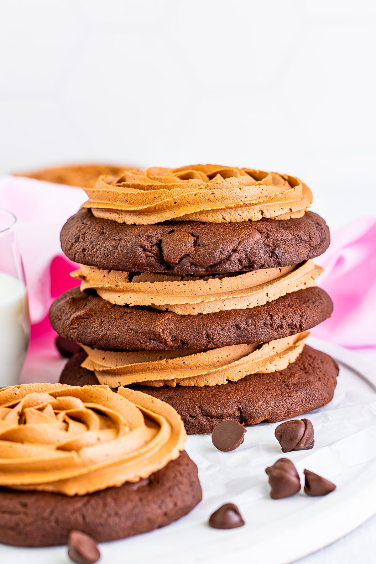 three triple chocolate cookies stacked