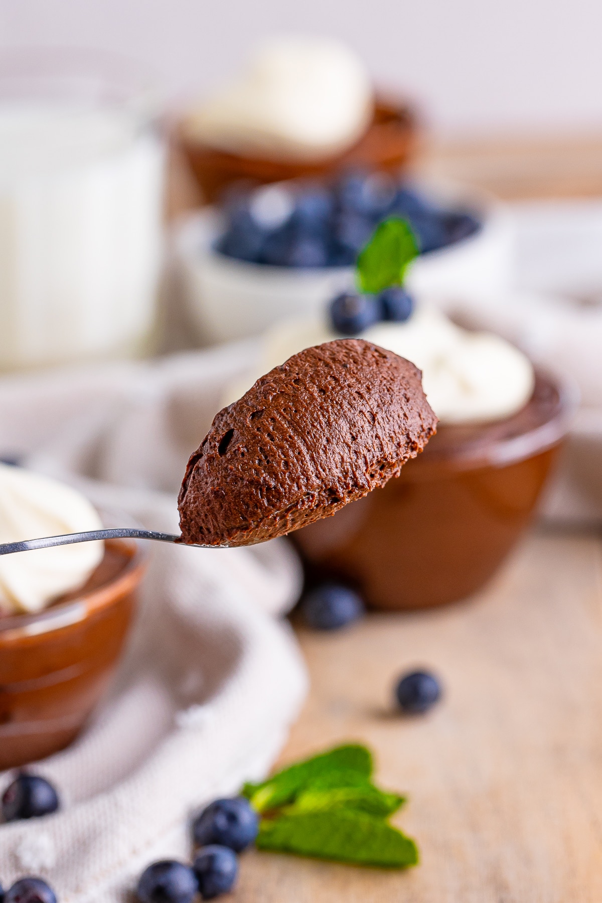 easy chocolate mousse on a spoon in air