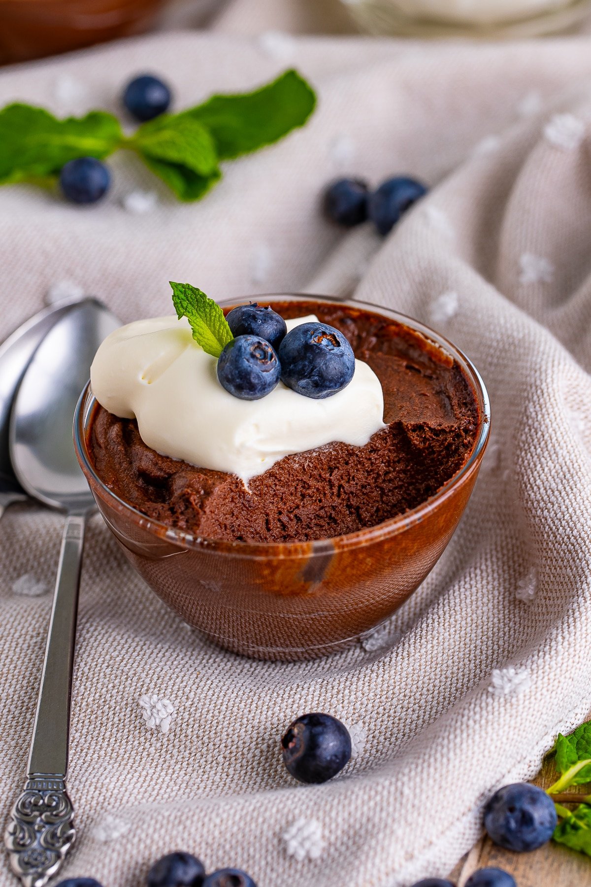 easy chocolate mousse cup with a spoonful taken out