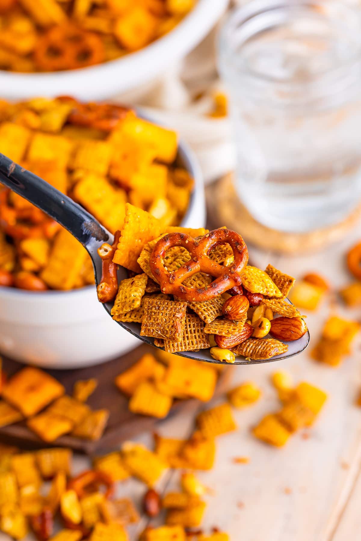 chex mix recipe in a serving spoon