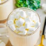 A mug of White Hot Chocolate piled with mini marshmallows.
