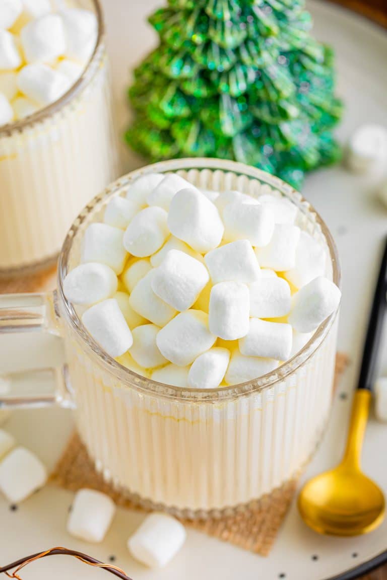 A mug of White Hot Chocolate piled with mini marshmallows.