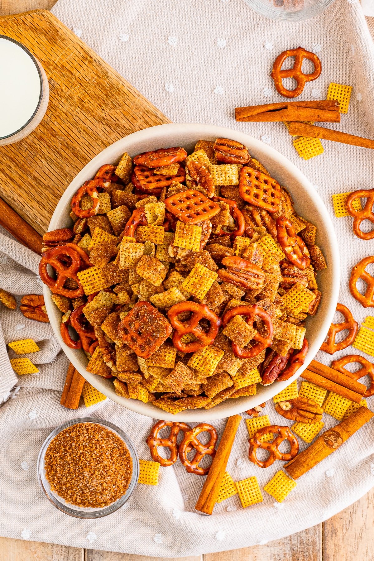 overhead image sweet chex mix recipe in tan bowl