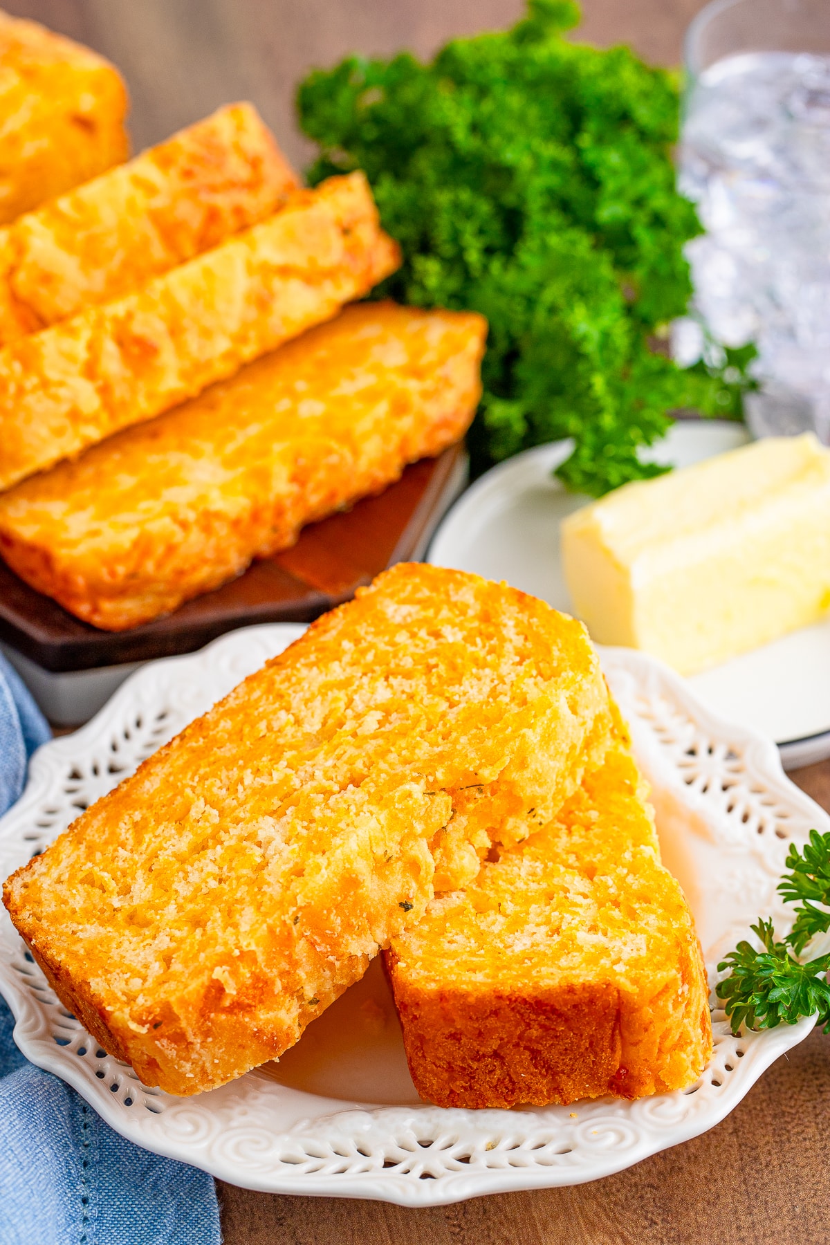 cheese bread recipe slices on a white plate