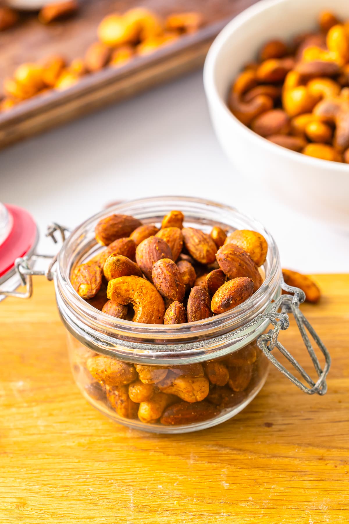 roasted nuts in a small glass jar