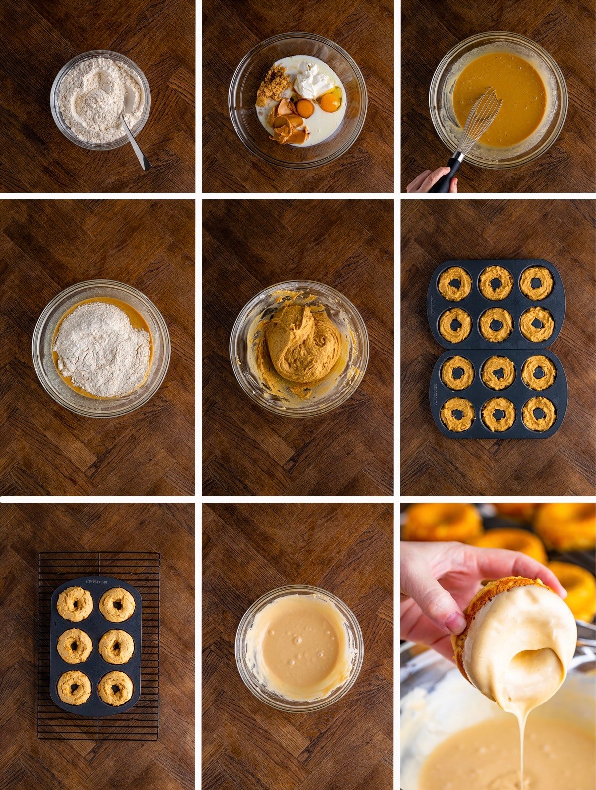 collage of images showing how to make peanut butter doughnuts