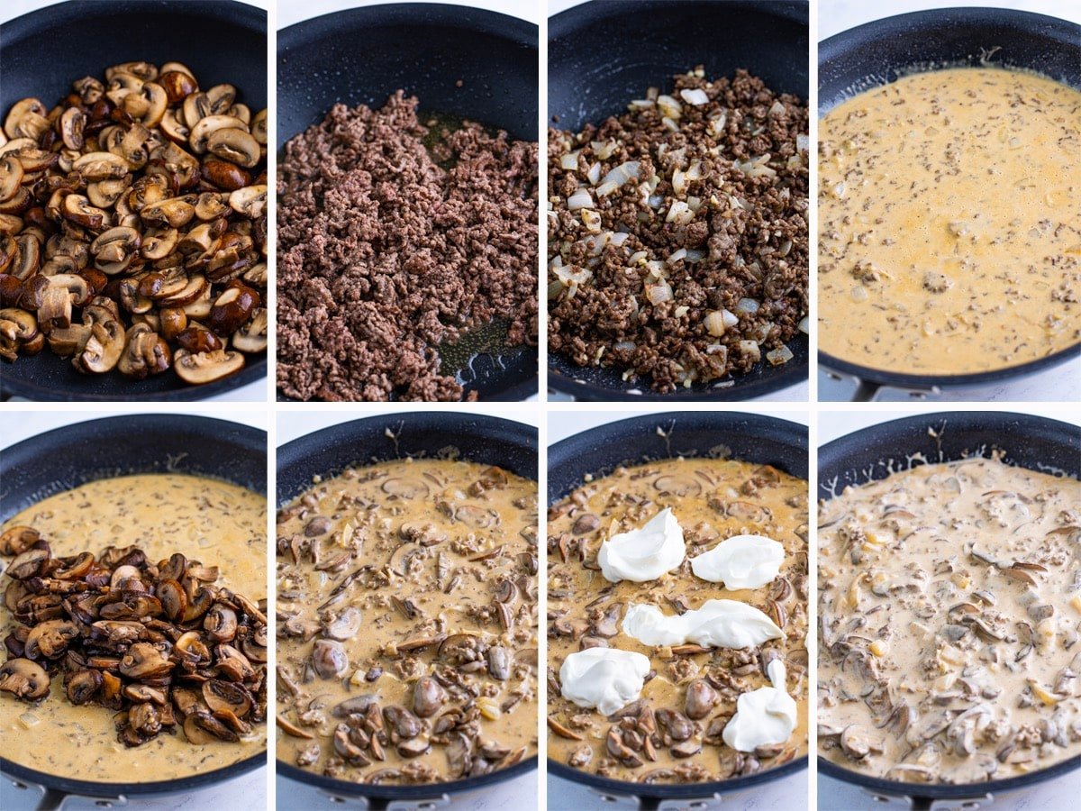 step by step image showing how to make ground beef stroganoff recipe