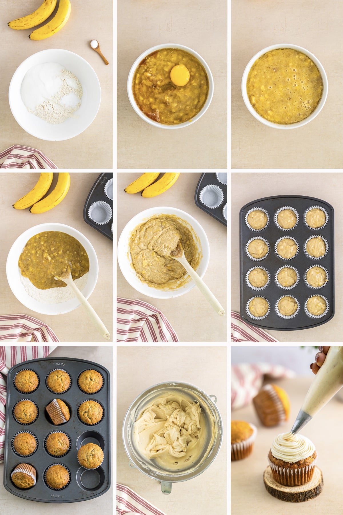 collage of images showing how to make banana cupcakes recipe