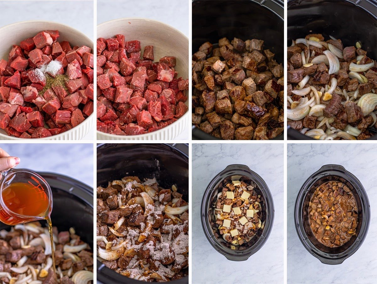 step by step image on how to make slow cooker steak bites