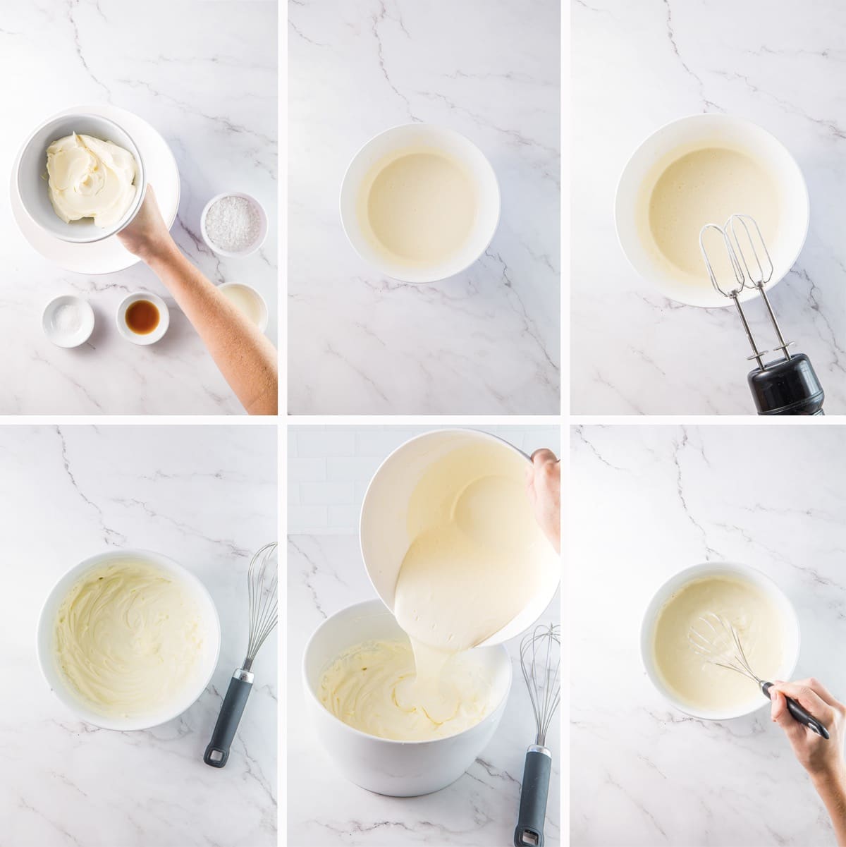 collage of images showing how to make the cream cheese base for red velvet ice cream