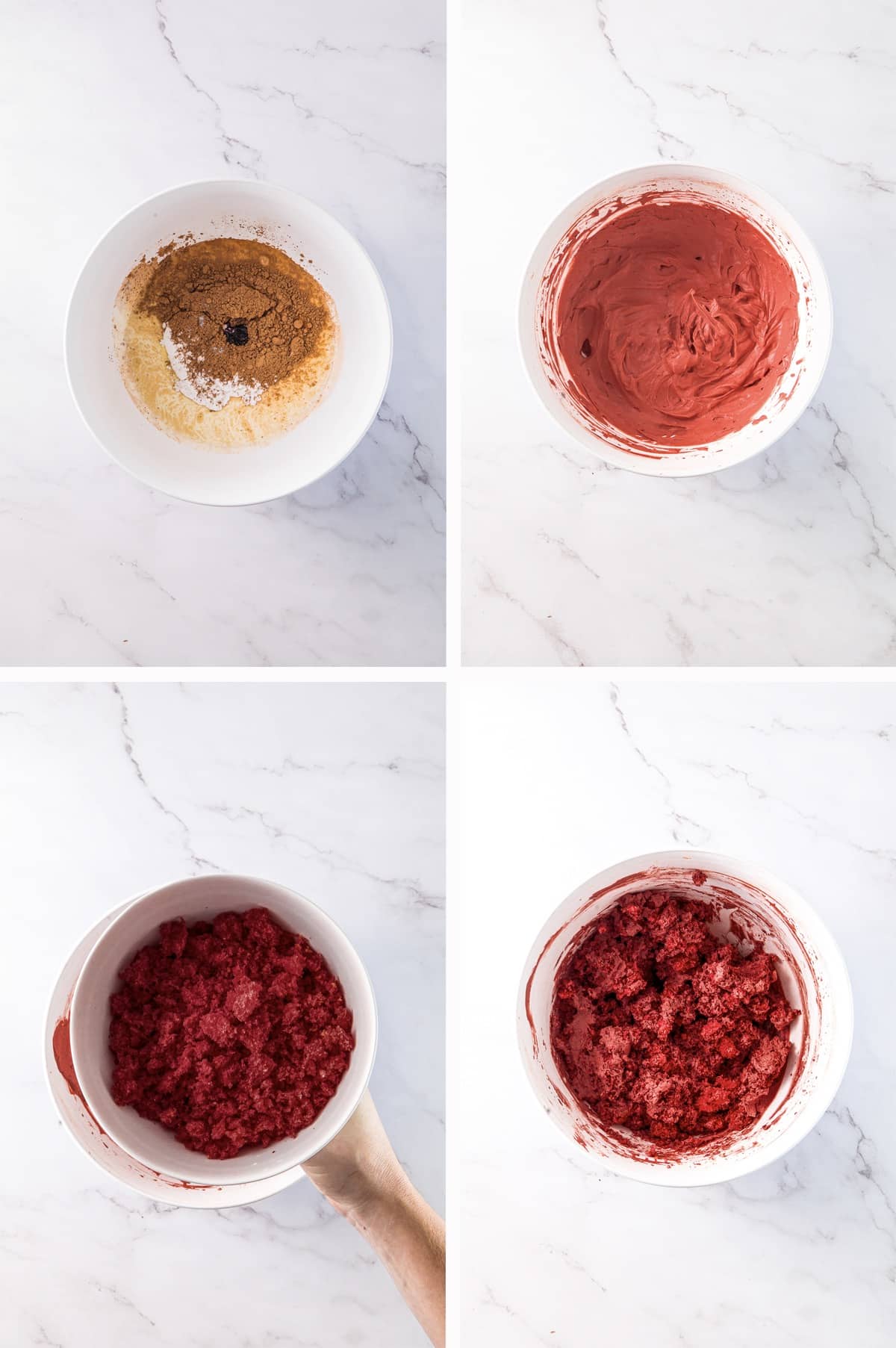 collage of images showing how to make the red velvet aspect of red velvet ice cream