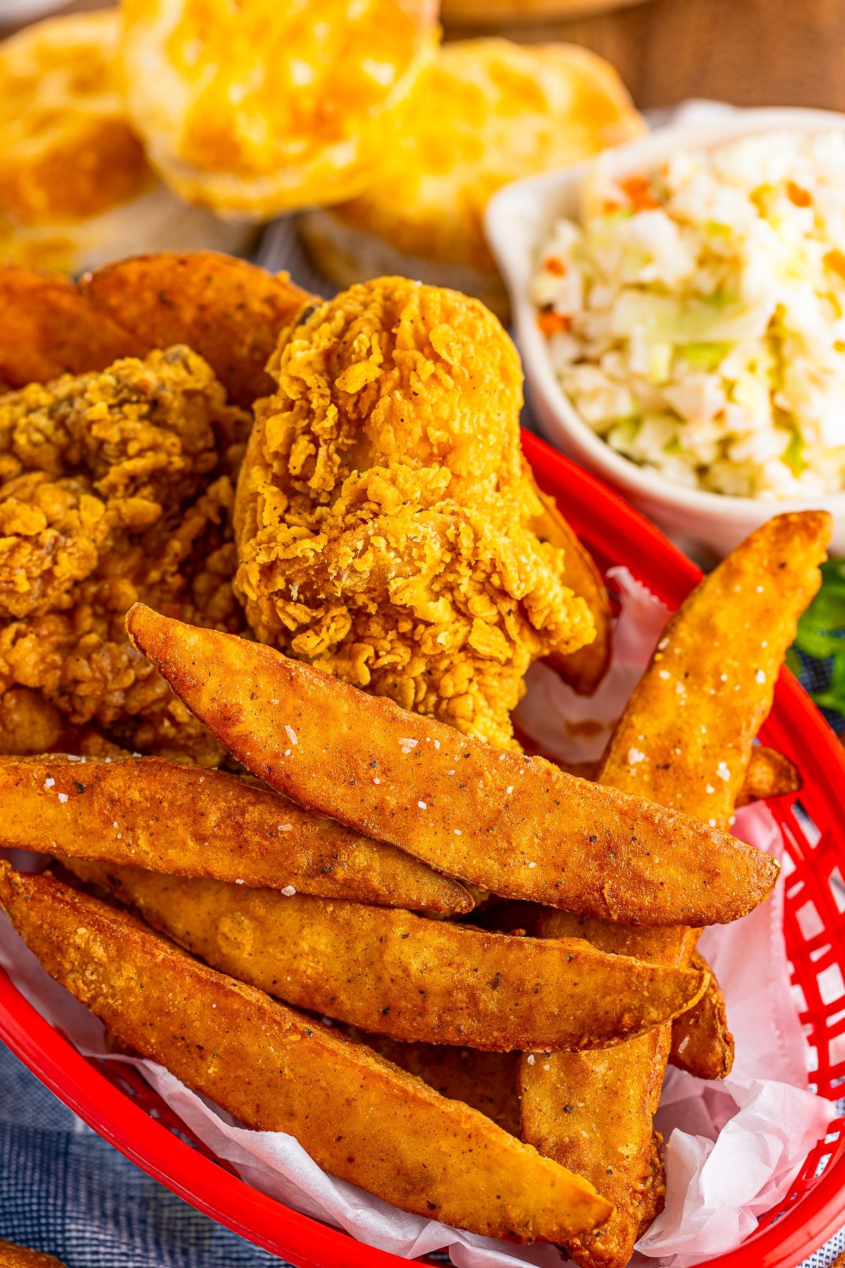 overhead image of KFC potato wedges in a serving basket