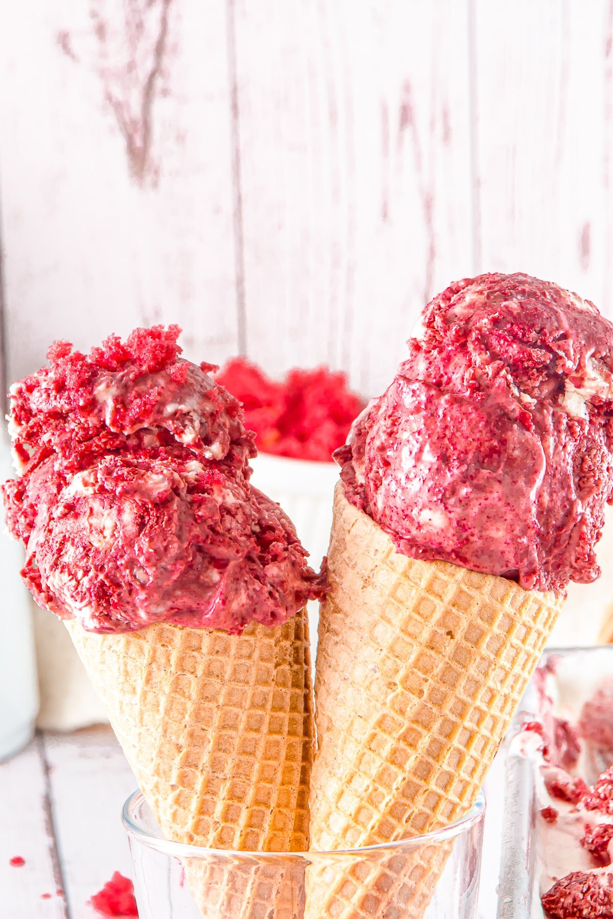red velvet ice cream in ice cream cones