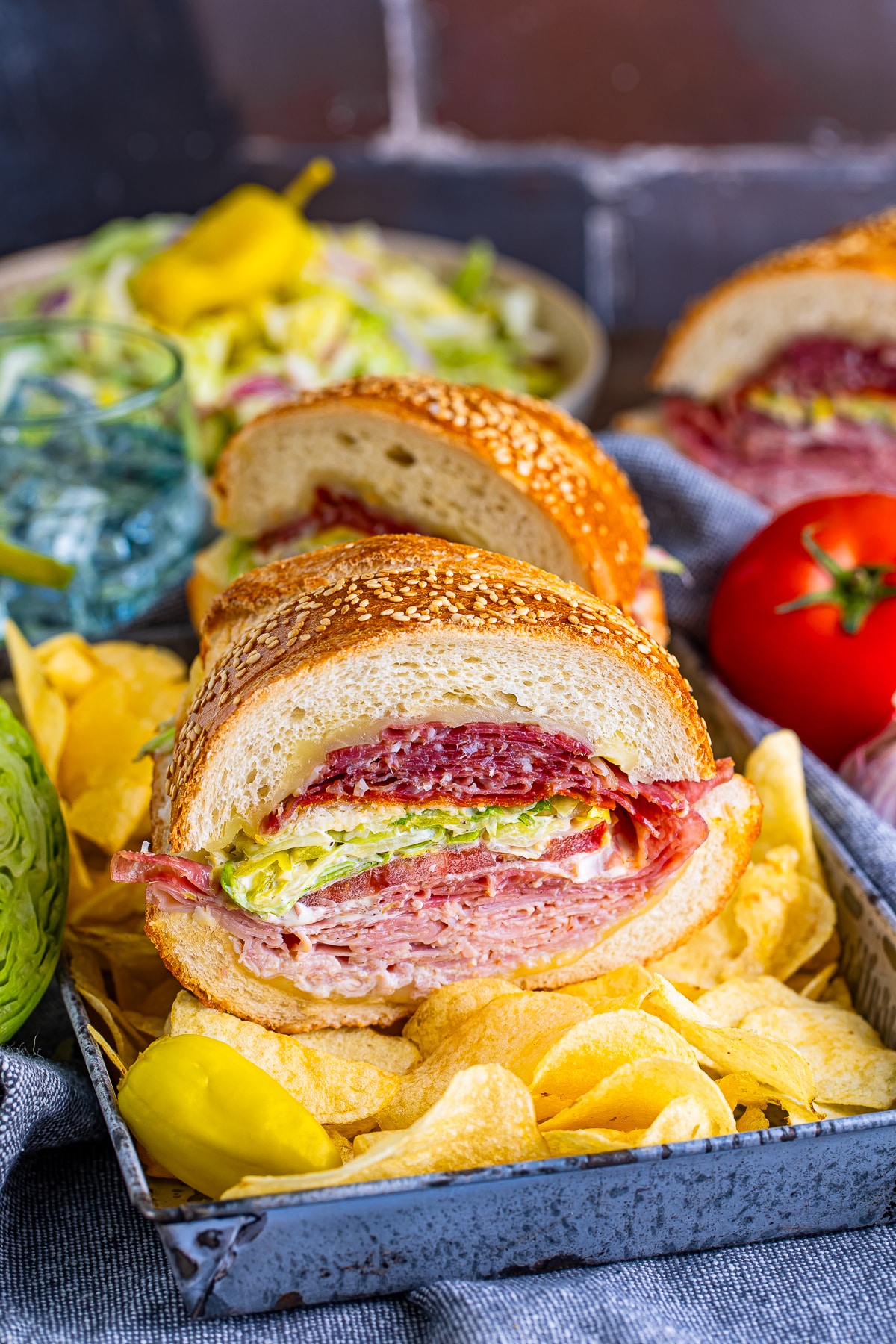 grinder sandwich recipe on a bed of chips