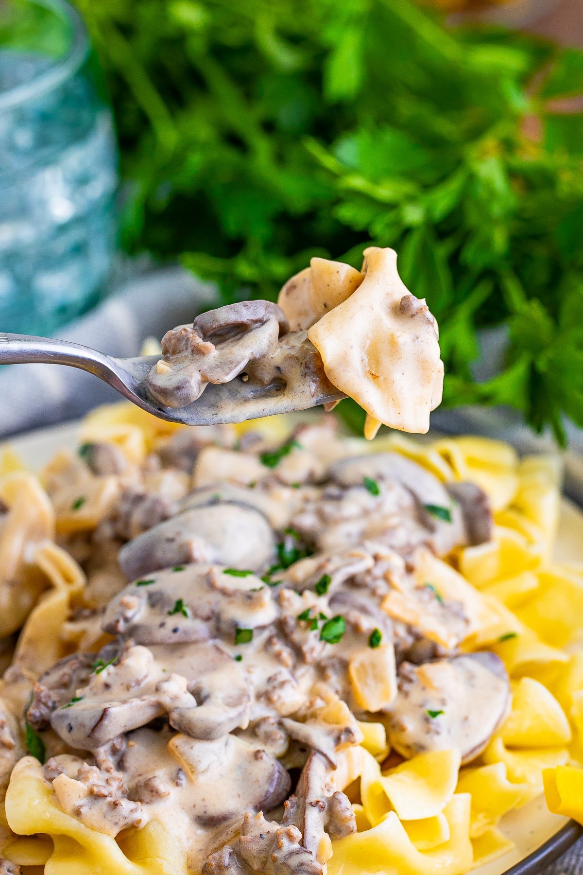 a bite of ground beef stroganoff recipe on a fork in air