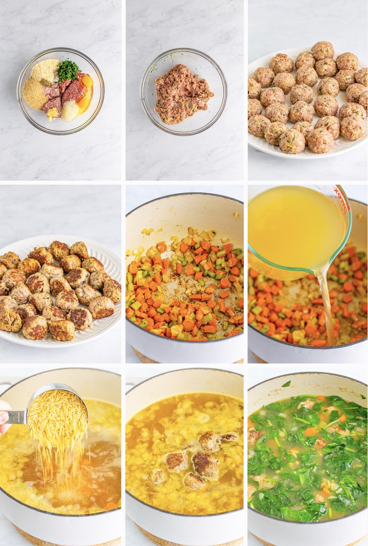 step by step collage of images on how to make the best italian wedding soup recipe