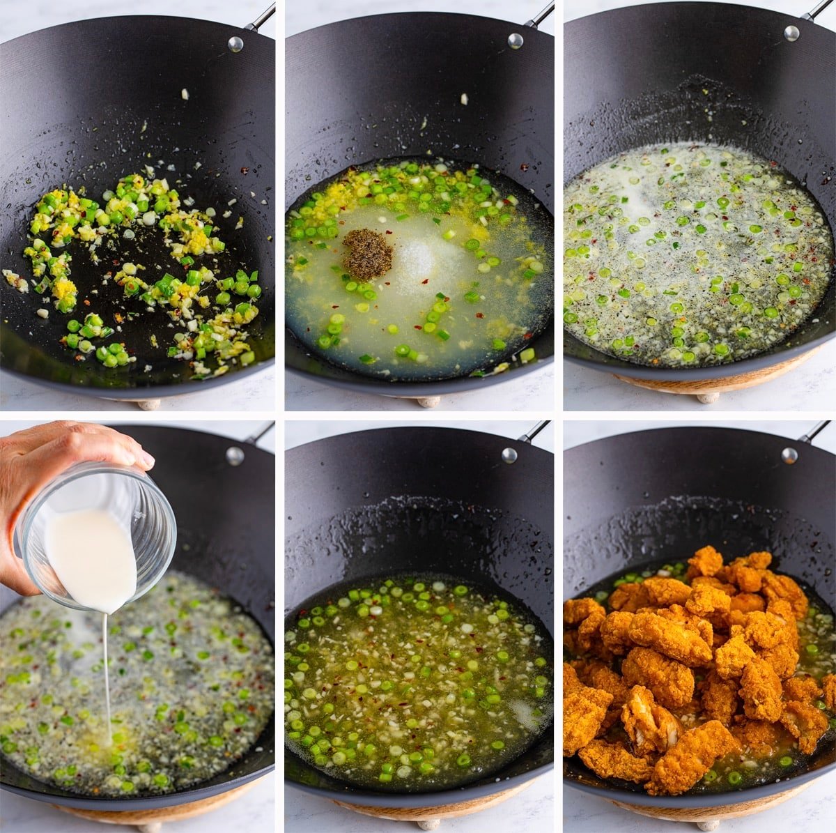 step by step collage of images showing how to make the sauce for asian lemon chicken