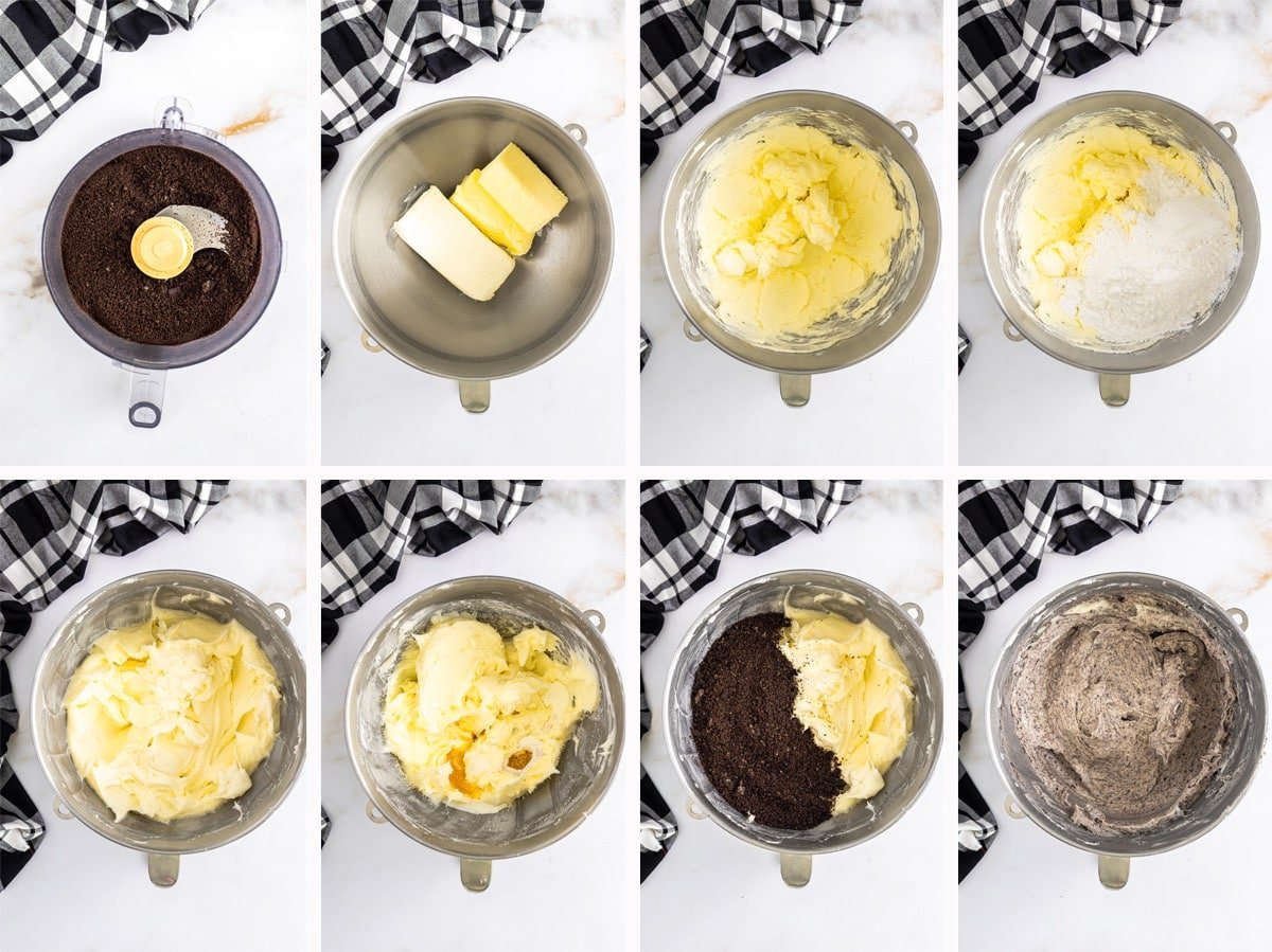 collage of images showing how to make oreo buttercream frosting